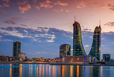 Beautiful sky and Bahrain skyline with reflection after dusk